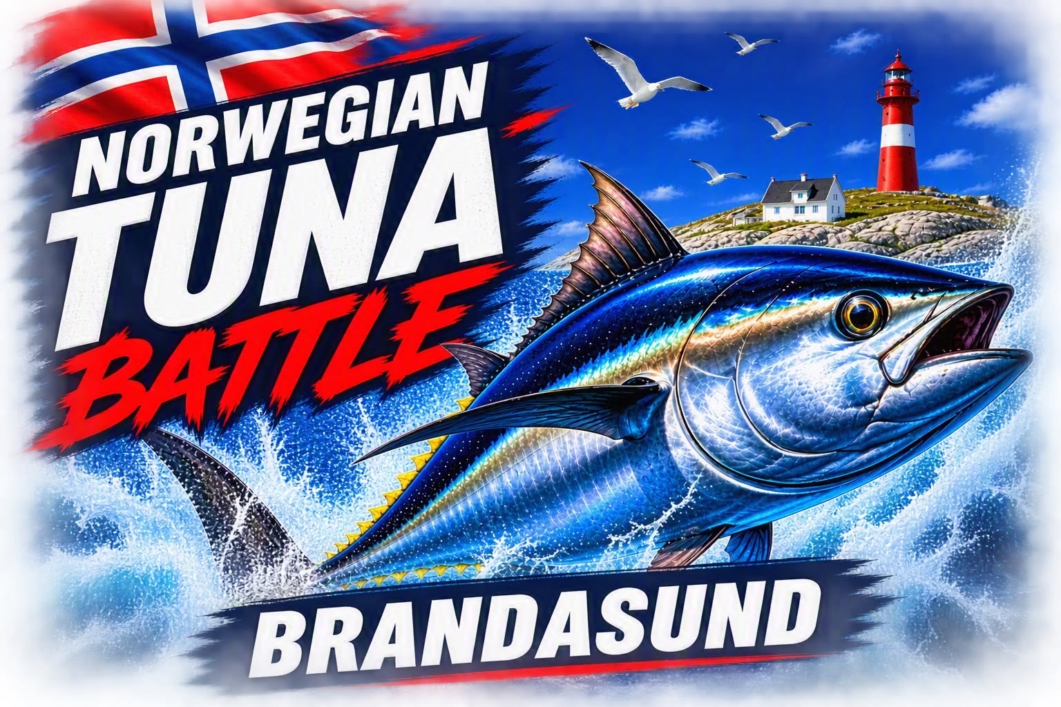 Plakat: Norwegian Tuna Battle, Brandasund. En blåfinnet tunfisk hopper ut av havet foran et fyr og det norske flagget.
